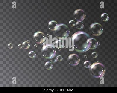 Bolle di sapone che volano in un getto. Illustrazione vettoriale di realistiche bolle di sapone iridescenti che volano in un flusso isolato su uno sfondo trasparente. Illustrazione Vettoriale