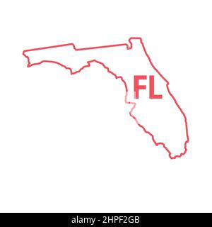 Florida Stati Uniti mappa contorno rosso confine. Illustrazione vettoriale isolata su bianco. Abbreviazione di stato di due lettere. Tratto modificabile. Regolare lo spessore della linea. Illustrazione Vettoriale