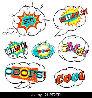 Set di fumetti fumetti con iscrizione: WOW, What, omg, aaah, hi, freddo. Collezione di esplosioni e nuvole di cartoni animati. Illustrazione vettoriale EPS8 Illustrazione Vettoriale