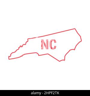 North Carolina Stati Uniti mappa contorno rosso confine. Illustrazione vettoriale isolata su bianco. Abbreviazione di stato di due lettere. Tratto modificabile. Regolare la linea wei Illustrazione Vettoriale