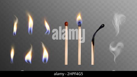 Illustrazione vettoriale realistica di 3D fiammiferi di legno interi e bruciati. Luce di fiamma e raccolta di fumo su sfondo trasparente. Fasi di partita o bastone di legno bruciare o accensione da fuoco. Illustrazione Vettoriale