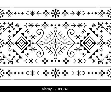 Linea tribale in stile islandese vettore artistico senza cuciture patten con cuori, lune e forme geometriche, tessuto o stampa disegno ispirato da Vichinga runa Illustrazione Vettoriale