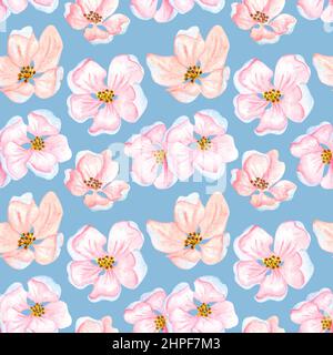 Acquerello disegno senza giunture di fiori e foglie di ciliegia. Motivo floreale ricorrente con ramo di fiore di mela disegnato a mano. Foto Stock