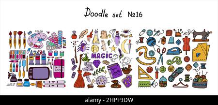 Big vector doodle sewing, magical, paint sets. Vector tailoring, halloween, artist s tools icons. Sewing mannequin, machine, measuring and cutting Illustrazione Vettoriale