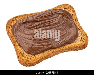 Pane rusk con crema di cioccolato isolato su bianco Foto Stock
