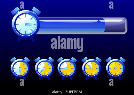 Barra della linea temporale, icone di orologio blu per il gioco. Illustrazione Vettoriale