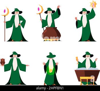 Personaggio mago. Fantasy vecchio mago con stuff magico medievale favoloso stregone fiaba uomo garish vettore cartoon persona Illustrazione Vettoriale