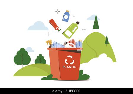 Contenitore per rifiuti con illustrazione vettoriale piatta con rifiuti in plastica per il riciclaggio e lo smaltimento. Cestino per rifiuti con bottiglie di imballaggio vuote. Scatola di smistamento per ridurre l'inquinamento ambientale. Ecologia o concetto di riciclaggio. Illustrazione Vettoriale