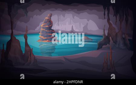 Grotta di stalagmite scura. Sfondo cartoon con pietre gocciolanti al coperto illustrazioni colorate modello esatto di immagine vettoriale Illustrazione Vettoriale