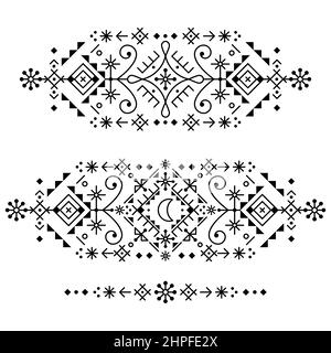Icelandic rune folk art style geometrico vettoriale design, tribal line art long pattern collection with lune, triangoli e forme astratte Illustrazione Vettoriale