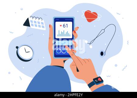 Monitoraggio della frequenza cardiaca nell'app fitness su smartphone e smart watch. Mano umana a figura piatta che spinge sullo schermo per controllare i risultati dell'allenamento. Tracker sportivo per FC a impulsi, monitor heartbeat. Illustrazione Vettoriale