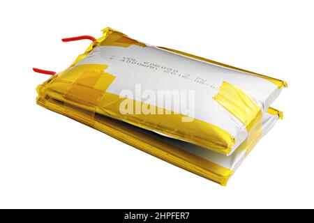 Batteria agli ioni di litio doppia gonfia isolata su sfondo bianco Foto Stock