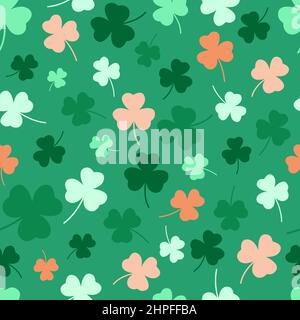 St Patricks Day pattern con coloratissimi shamrock. Sfondo verde senza giunture e foglie di trifoglio. San Patricks festa sfondo. Vettore flat illus Illustrazione Vettoriale