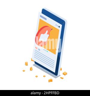 Flat 3D Isometric come pulsante premere Social Media sullo schermo dello smartphone. Concetto di social media marketing. Illustrazione Vettoriale