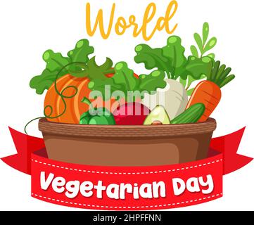 Logo World Vegetarian Day con verdure e frutta in illustrazione cestino Illustrazione Vettoriale