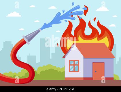 una casa che brucia sta spegnendo da un tubo. illustrazione piatta del vettore. Illustrazione Vettoriale