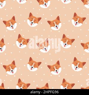 Motivo senza cuciture Corgi. Cute sorridente i volti dei corni gallesi e lo sfondo a pois polka. Personaggi di Happy dog. Illustrazione vettoriale. Illustrazione Vettoriale