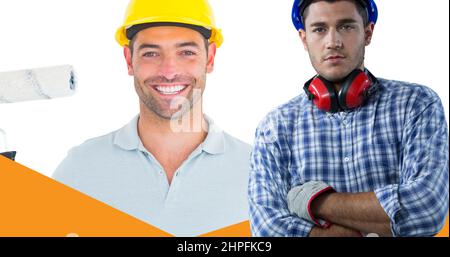 Doppia esposizione di uomo caucasico cantiere che indossa gli hardhats Foto Stock