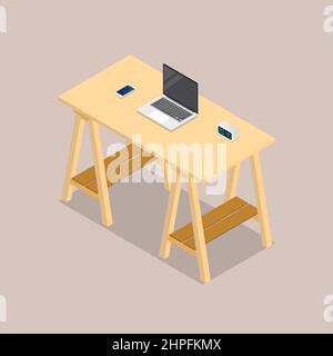 Area di lavoro della tavola Office in vista isometrica. Illustrazione vettoriale Illustrazione Vettoriale