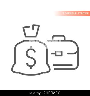 Icona vettore linea per cartine e valigette dollaro. Borsa di denaro e custodia con simbolo. Illustrazione Vettoriale