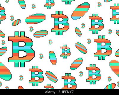 Bitcoin insegne modello senza giunture in stile pixel art. icona a moneta e moneta a 8 bit su sfondo bianco. Criptovaluta, blockchain. Illustrazione vettoriale Illustrazione Vettoriale