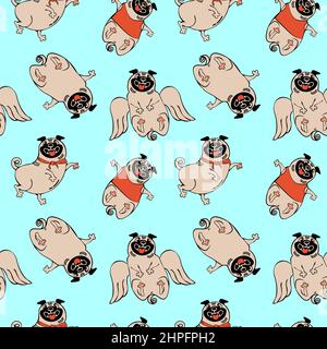 Modello senza cuciture con divertente cuccioli di cane pug disegno piatto su sfondo blu pieno Illustrazione Vettoriale