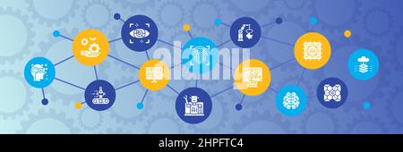 Banner Web di intelligenza artificiale con icone bianche impostate. Robotica, chatbot, Database, illustrazione Big Data. Modello di layout banner Web. Illustrazione Vettoriale