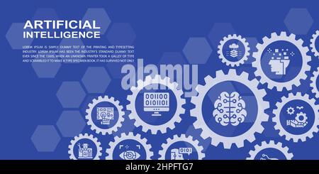 Modello di progettazione della landing page di intelligenza artificiale. Robotica, chatbot, Database, illustrazione Big Data per banner Web, materiali di stampa. Illustrazione Vettoriale