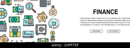 Denaro e Banking orizzontale icona banner design. Carta di credito, Cambio valuta, illustrazione promozione terminale per pagina Web, presentazione intestazione. Illustrazione Vettoriale