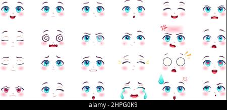 Espressioni ANIME. Kawaii cute volti con occhi labbra e naso cartone animato anatomia sorridente ragazze manga esatto vettore immagini set isolato Illustrazione Vettoriale