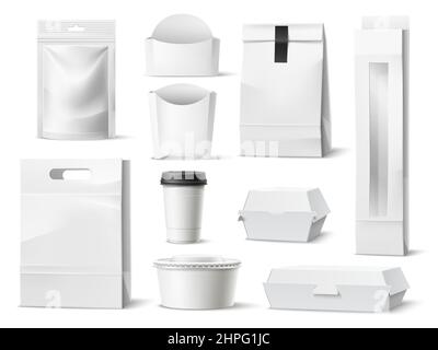 Imballaggio Street food. Modello realistico di contenitori per il prelievo della carta. Sacchetti vuoti per pasti. Scatole di cartone e tazze da caffè. Svuotare il pacchetto snack Illustrazione Vettoriale