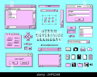 Elementi di interfaccia retrò. 90s barre di pc vintage, messaggio in vecchio stile di computer. Tecnologia, musica di calcolo e console desktop per giochi, set vettoriale ordinato Illustrazione Vettoriale