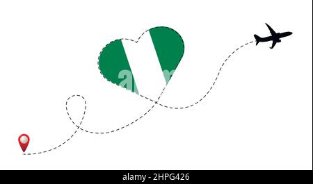 Volo in aereo con bandiera della Nigeria all'interno del cuore. Illustrazione Vettoriale