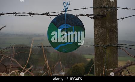 Singoli in vinile, dipinti con disegni astratti, esposti sulla scherma in campagna. Arte di strada Anonimo. Derbyshire. Foto Stock