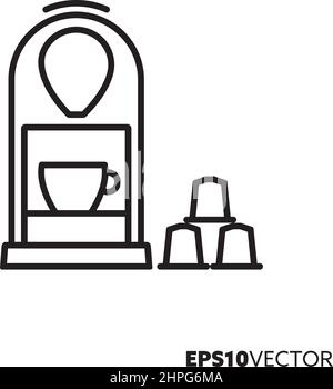 Icona della linea della macchina da caffè a capsule. Simbolo di contorno della preparazione di bevande e bevande. Illustrazione vettoriale piatta degli utensili da cucina. Illustrazione Vettoriale