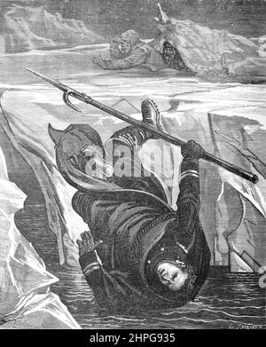 Morte dell'esploratore artico francese Joseph René Bellot (1826-1853) dopo aver caduti in una pista di ghiaccio in Pack Ice o Ice Floe nel canale di Wellington, Nunavut, il territorio più settentrionale del Canada artico. Lo stretto di Bellot prende il nome da lui. Annata Illustrazione o incisione 1879 (Castelli) Foto Stock