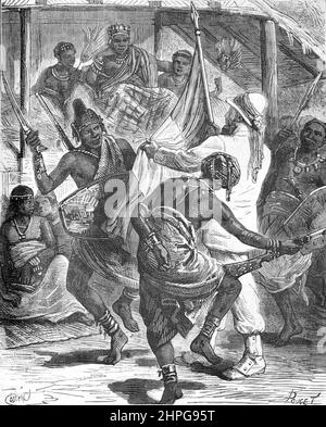 Paul Soleillet (1842-1886) esploratore francese in Senegal (1878-79) che presenta la bandiera francese ad un capo tribale durante la colonizzazione francese dell'Africa, o lo Scramble europeo per l'Africa. Annata Illustrazione o incisione 1879 (Castelli) Foto Stock