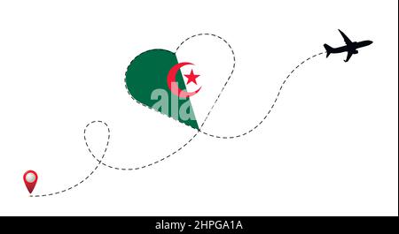 Volo in aereo con bandiera Algeri all'interno del cuore. Illustrazione Vettoriale