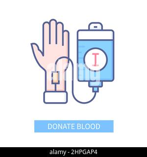 Donate Blood - icona di stile linea colorata moderna su sfondo bianco. Immagine accurata e dettagliata della mano e del contagocce per la raccolta del plasma. analisi medica Illustrazione Vettoriale