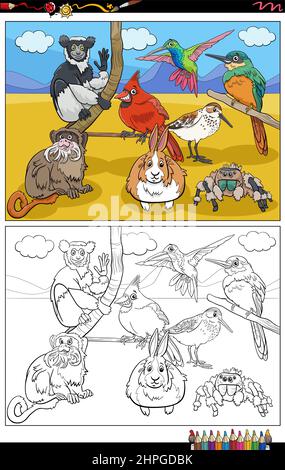 Illustrazione cartoon di animali divertenti fumetti gruppo di caratteri colorare pagina libro Illustrazione Vettoriale