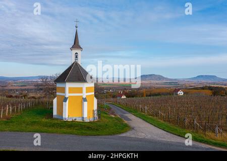 Lesenceistvánd, Ungheria - piccola cappella chiamata Vergine Maria con vigneto vicino lago Balaton. Il nome ungherese è Szűz Mária kápolna. Foto Stock