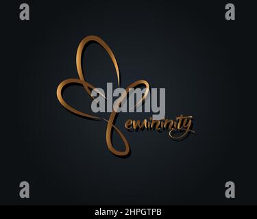 Modello con logo Golden Butterfly vettoriale, femminilità concetto di lettere disegnate a mano. Testo tipografico per magliette, poster, wall art, cartellonistica con stampa in linea d'oro Illustrazione Vettoriale