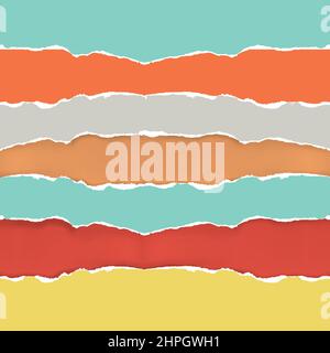 Carta strappata strisce colorate. Immagine delle strisce di carta strappate su sfondo quadrato e bordo strappato della carta. Vettore disponibile. Illustrazione Vettoriale