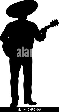 Silhouette uomo messicano in cappello sombrero che suona la chitarra Illustrazione Vettoriale
