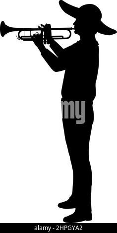Silhouette dell'uomo messicano che suona la tromba dello strumento musicale. Illustrazione Vettoriale