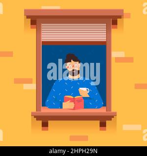 Uomo soggiorno a casa e leggere un libro. Illustrazione vettoriale. Foto Stock