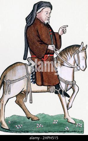 GEOFFREY CHAUCER (c 1340-1400) poeta e funzionario inglese raffigurato nel suo poema i Tales Canterbury Foto Stock