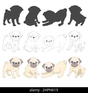 Set di immagini vettoriali di pug. Oggetti isolati su sfondo bianco. Illustrazione del cartone animato del cane PUG. Carino simpatico cucciolo di pegno fat chubby seduta pug, SM Illustrazione Vettoriale