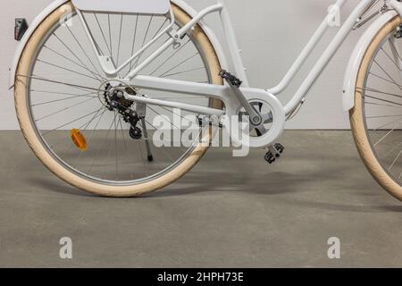 Vista ravvicinata della ruota posteriore della bicicletta bianca con protezione per abiti a catena. Svezia. Foto Stock