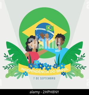 Brasile indipendenza giorno illustrazione coppia di persone che detengono bandiera Vector Illustrazione Vettoriale